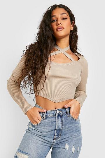 Stone Beige Two Tone Rib Knit Corset Jumper