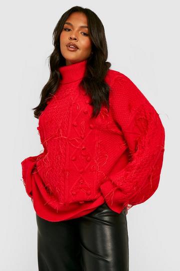 Plus Roll Neck Feather Cable Knit Jumper red