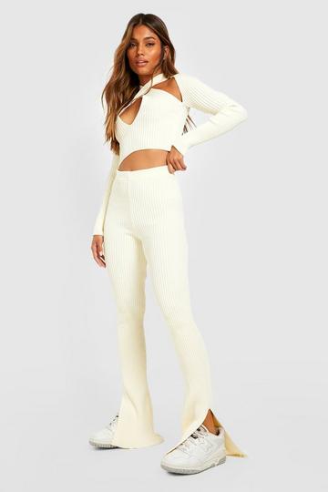Cut Out Split Flare Hem Knitted Set ivory