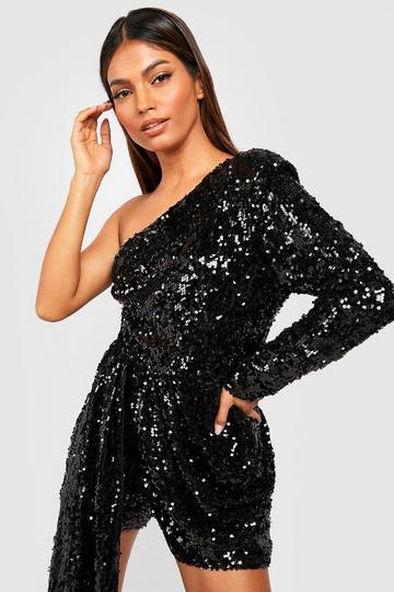 One Shoulder Drape Sequin Romper black