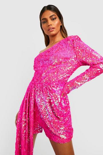 One Shoulder Drape Sequin Romper pink