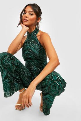 Sequin Crepe Halter Neck Jumpsuit