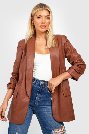 Brown Leather Look Ruched Sleeve Blazer