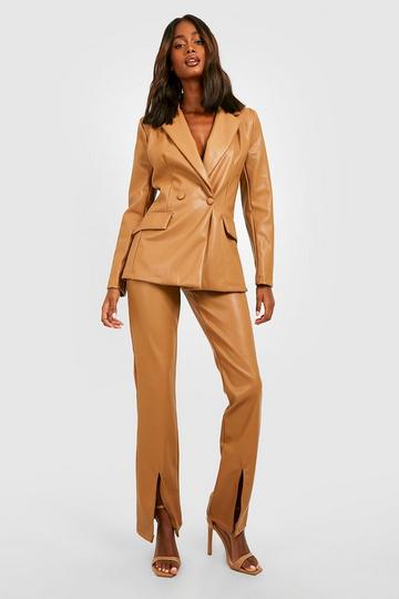 Leather Look Split Front Tailored Trousers camel