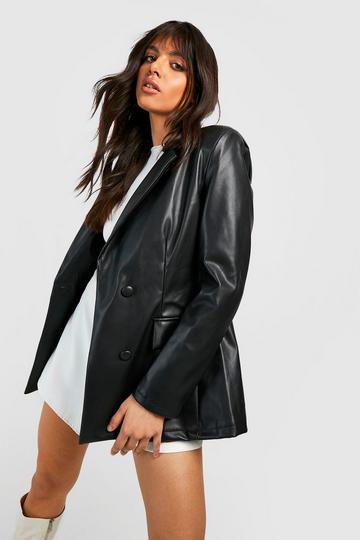 Black Leather Look Double Breasted Blazer