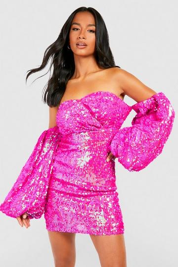Pink Petite Sequin Volume Puff Sleeve Mini Dress