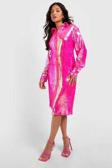 Pink Petite Bright Sequin Midi Shirt Dress