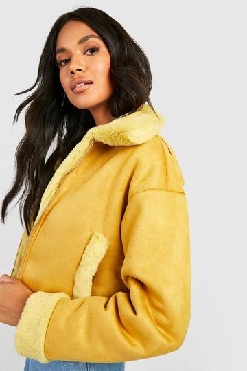 Yellow Faux Suede Aviator Jacket