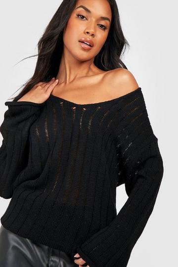 Ladder Knit V Neck Jumper black