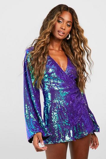 Green Sequin Flare Sleeve Wrap Playsuit