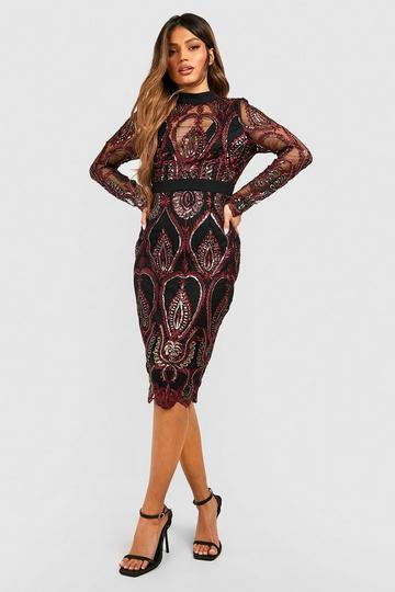 Sequin Damask Midi Party Dress berry