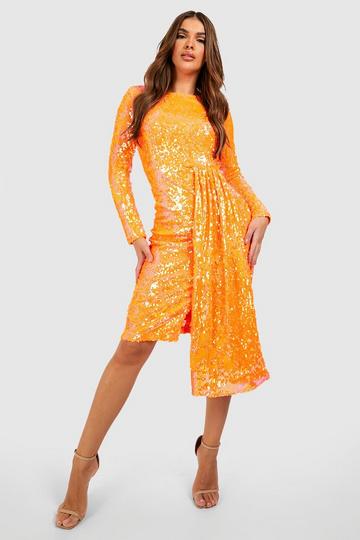 Sequin Drape Detail Long Sleeve Midi Party Dress orange