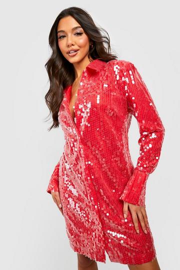 Red Sequin Split Cuff Power Shoulder Shirt Party Dress