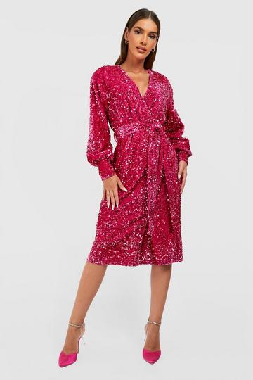 Sequin Wrap Belted Midi Party Dress bright pink