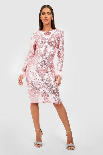 Sequin Damask Feather Cuff Midi Party Dress rose gold