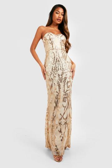 Gold Metallic Sequin Damask Bandeau Fishtail Maxi Party Dress