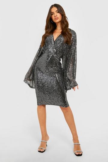 Sequin Batwing Wrap Midi Dress black