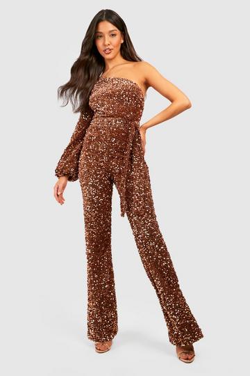 Velvet Sequin Volume Sleeve Jumpsuit bronze
