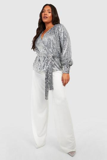 Plus Sequin Wrap Blouse silver