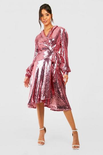 Pink Sequin Wrap Midi Party Dress