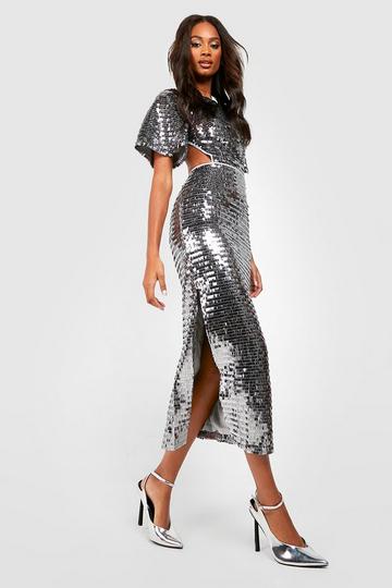 Sequin Angel Sleeve Cut Out Midi Party Dress silver