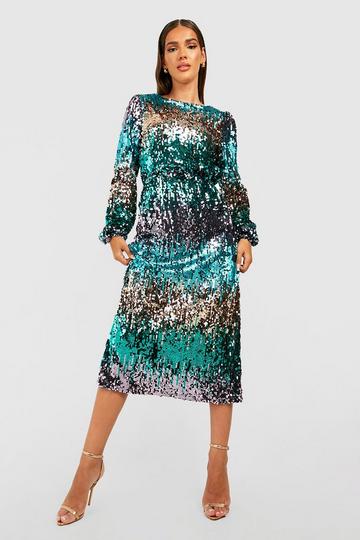 Gold Metallic Sequin Ombre Midi Party Dress