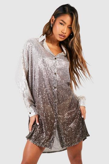 Bronze Metallic Sequin Ombre Oversized Shirt Party Dress