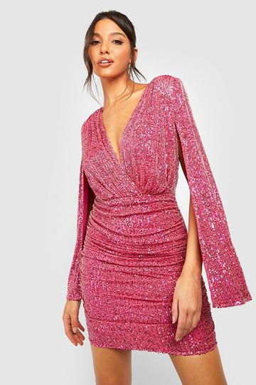 Pink Sequin Cape Sleeve Plunge Mini Party Dress