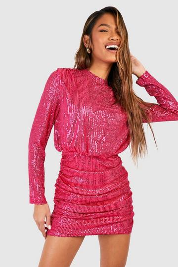 Pink Sequin Ruched Drape Mini Dress