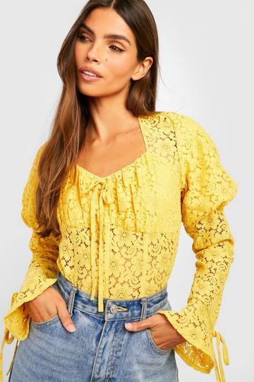 Puff Sleeve Corset Lace Bodysuit mustard