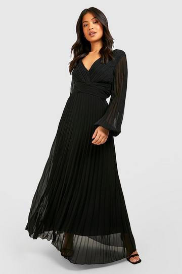 Petite Pleated Plunge Wrap Maxi Dress black