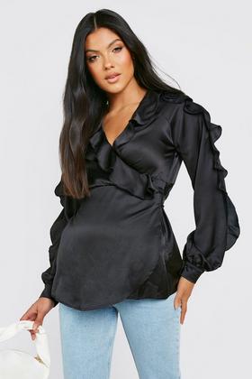 Women's Black Maternity Stretch Satin Wrap Top