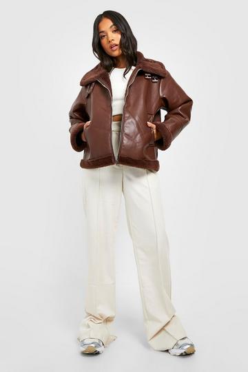 Petite Pu Borg Collar Aviator Jacket chocolate
