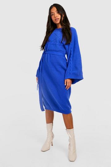 Petite Cable Knit Batwing Belted Sweater Dress cobalt