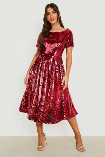 Full Skirted Sequin Midi Party Dress berry