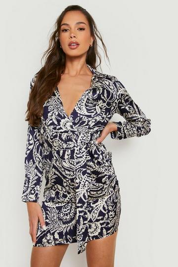 Navy Paisley Satin Print Shirt Dress