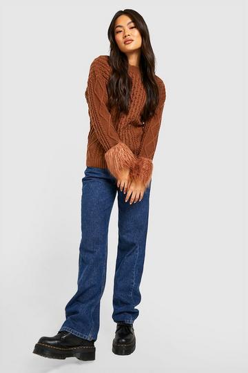 Cable Knit Faux Fur Cuff Jumper chocolate