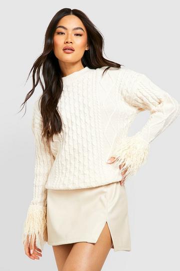 Cable Knit Faux Fur Cuff Sweater ivory
