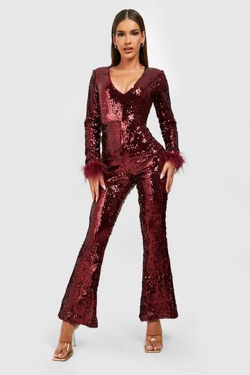 Feather Cuff Flared Jumpsuit berry