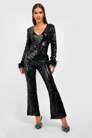 Feather Cuff Flared Jumpsuit black