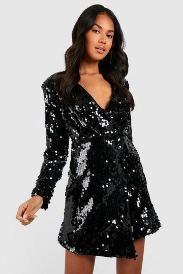 Black Sequin Shoulder Pad Blazer Party Dress