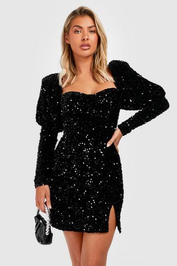 Sequin Puff Sleeve Mini Dress black