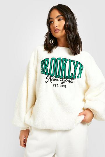 Brooklyn Embroidered Teddy Fleece Sweater ecru