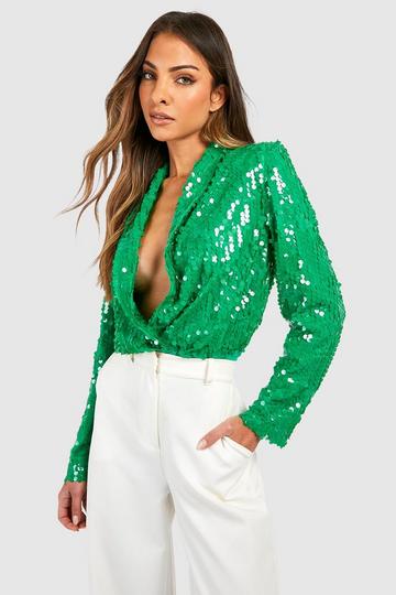 Wrap Collared Sequin Bodysuit green