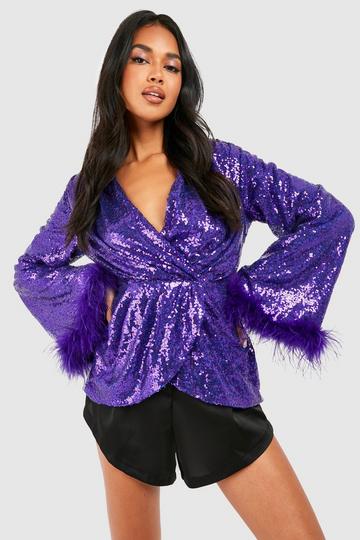 Sequin Wrap Flare Feather Cuff Top purple