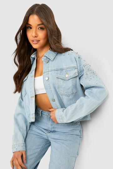 Blue Embellished Shoulder Diamante Denim Jacket