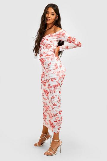 Baroque Mesh Off The Shoulder Maxi Dress red