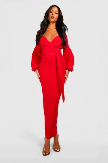 Tall Off The Shoulder Wrap Maxi Bodycon Dress red