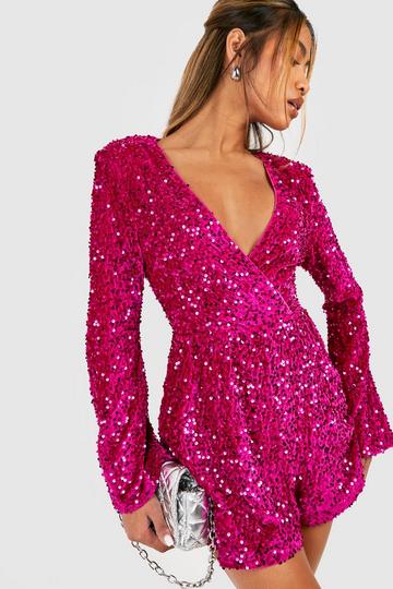 Velvet Sequin Flare Sleeve Playsuit hot pink