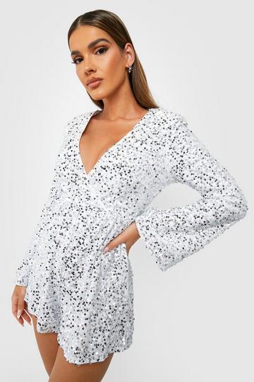 Velvet Sequin Flare Sleeve Playsuit silver